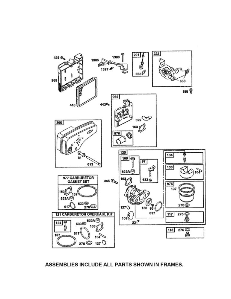 Carburetor/Muffler Diagram and Parts List for 125T02-1045-B1  Briggs and Stratton Engine
